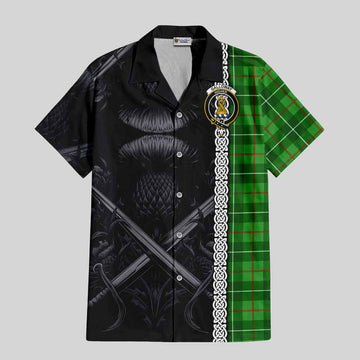 Galloway Tartan Short Sleeve Button Shirt with Family Crest Cross Sword Thistle Celtic Vibes