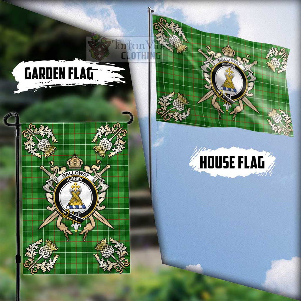 Tartan Vibes Clothing Galloway Tartan Flag with Family Crest and Golden Thistle Crossed Sword Design