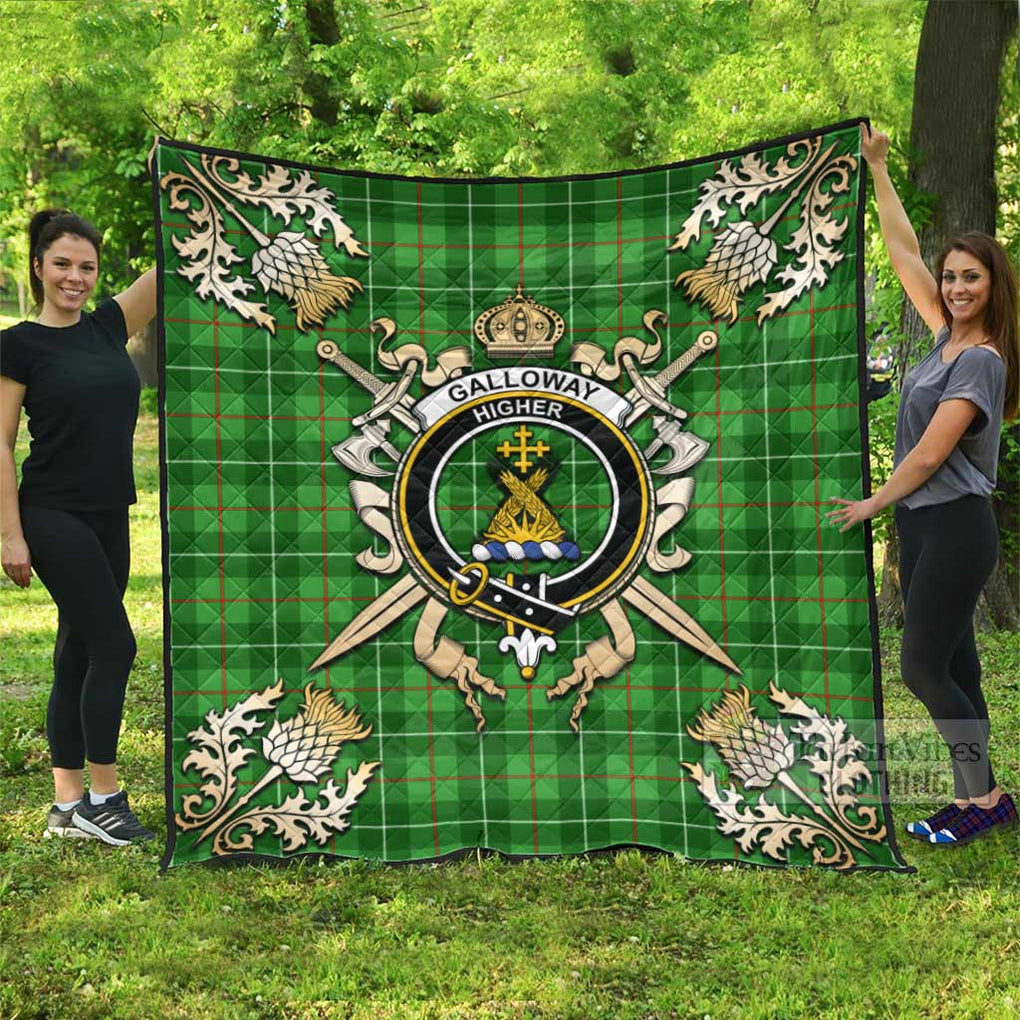 Tartan Vibes Clothing Galloway Tartan Quilt with Family Crest and Scottish Golden Courage Shield