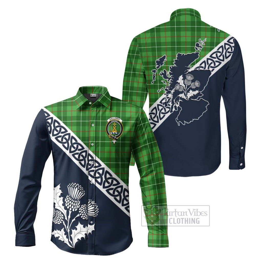 Tartan Vibes Clothing Galloway Tartan Long Sleeve Button Shirt Featuring Thistle and Scotland Map