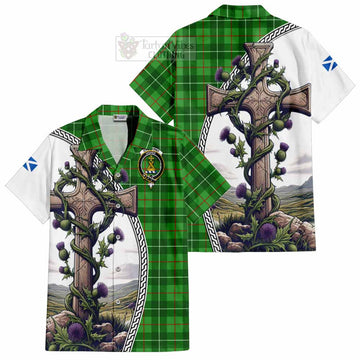 Galloway Tartan Short Sleeve Button Shirt with Family Crest and St. Andrew's Cross Accented by Thistle Vines