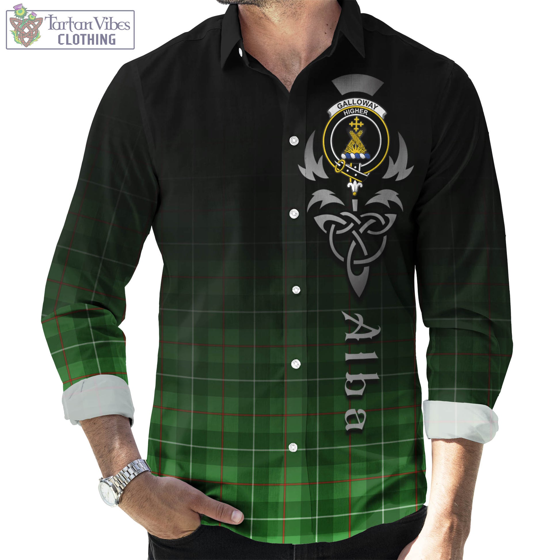 Tartan Vibes Clothing Galloway Tartan Long Sleeve Button Up Featuring Alba Gu Brath Family Crest Celtic Inspired