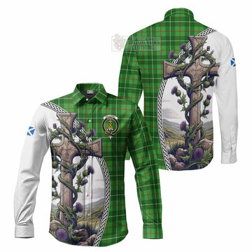 Galloway Tartan Long Sleeve Button Shirt with Family Crest and St. Andrew's Cross Accented by Thistle Vines