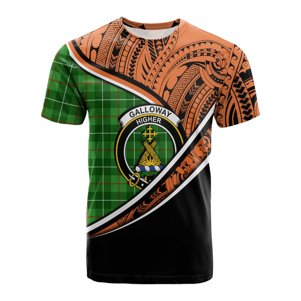 Tartan Vibes Clothing Galloway Crest Tartan Cotton T-shirt with Maori Tattoo Style - Orange Version