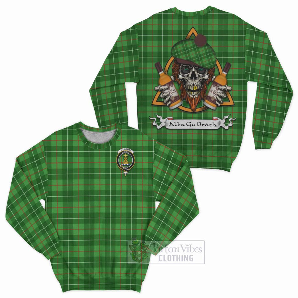 Tartan Vibes Clothing Galloway Tartan Sweatshirt with Family Crest and Bearded Skull Holding Bottles of Whiskey