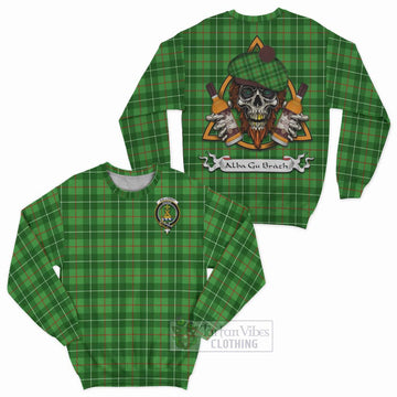 Galloway Tartan Sweatshirt with Family Crest and Bearded Skull Holding Bottles of Whiskey