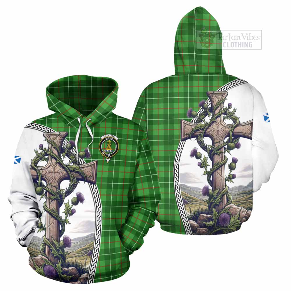 Tartan Vibes Clothing Galloway Tartan Hoodie with Family Crest and St. Andrew's Cross Accented by Thistle Vines