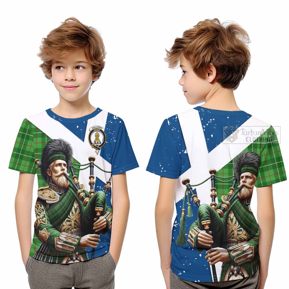 Tartan Vibes Clothing Galloway Tartan Kid T-Shirt with Family Crest Scottish Bagpiper Vibes