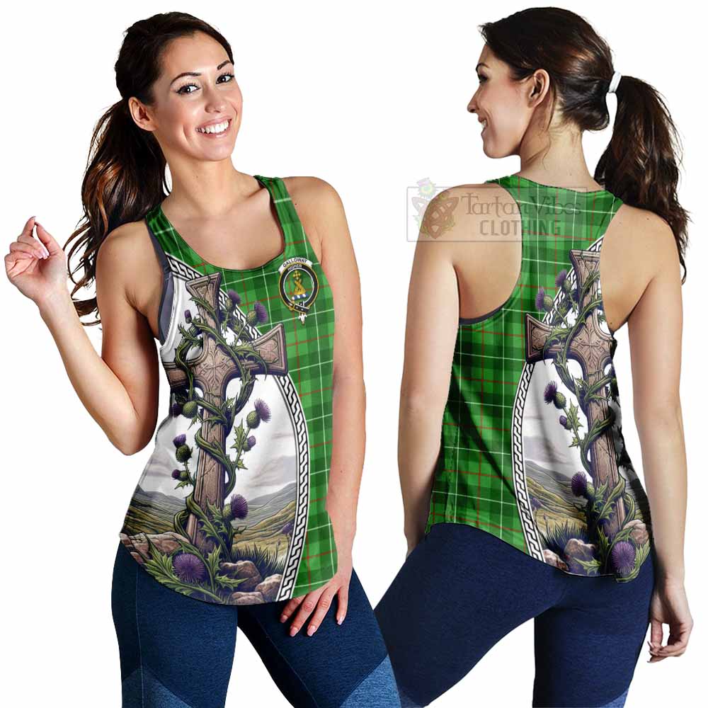 Tartan Vibes Clothing Galloway Tartan Women's Racerback Tanks with Family Crest and St. Andrew's Cross Accented by Thistle Vines