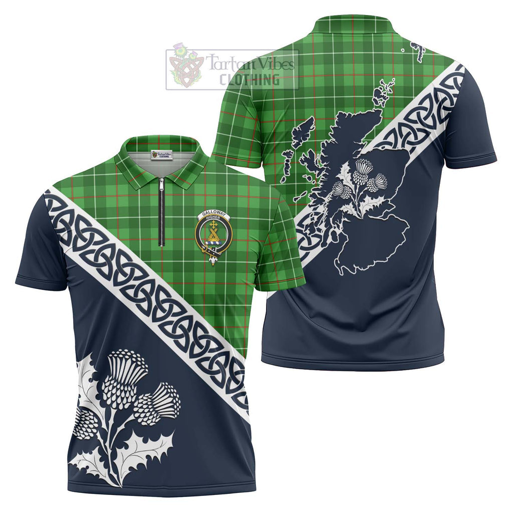 Tartan Vibes Clothing Galloway Tartan Zipper Polo Shirt Featuring Thistle and Scotland Map