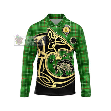 Galloway Tartan Long Sleeve Polo Shirt with Family Crest Celtic Wolf Style