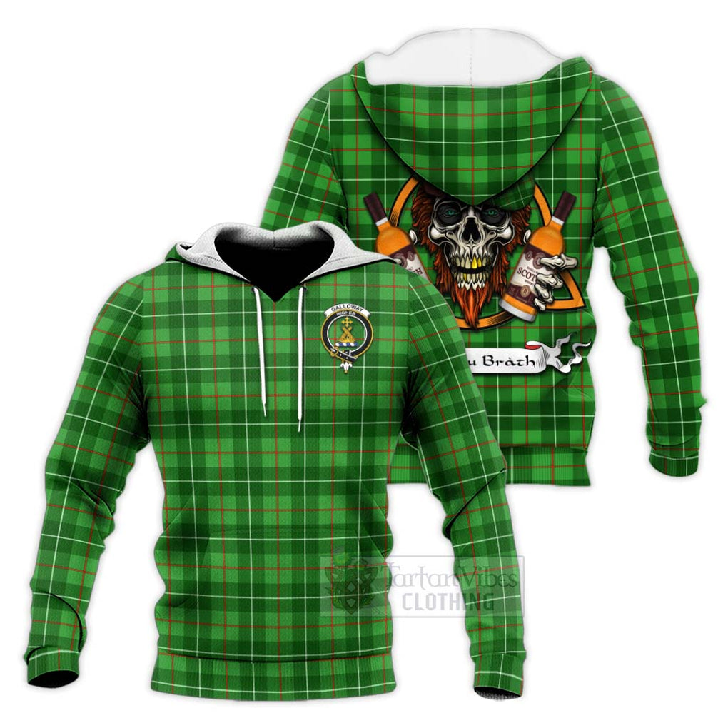 Tartan Vibes Clothing Galloway Tartan Knitted Hoodie with Family Crest and Bearded Skull Holding Bottles of Whiskey