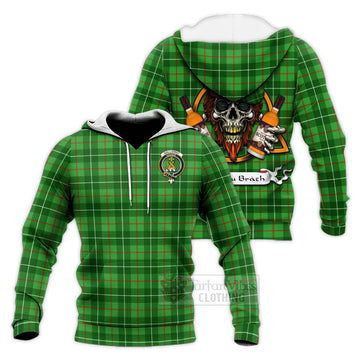 Galloway Tartan Knitted Hoodie with Family Crest and Bearded Skull Holding Bottles of Whiskey