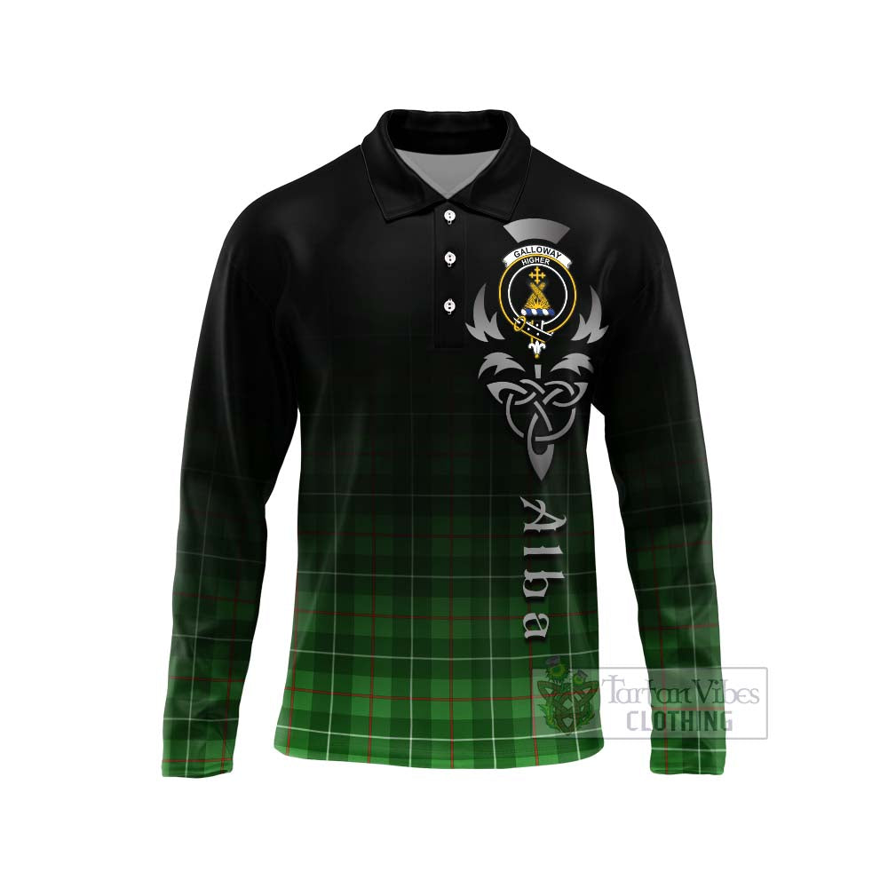 Tartan Vibes Clothing Galloway Tartan Long Sleeve Polo Shirt Featuring Alba Gu Brath Family Crest Celtic Inspired