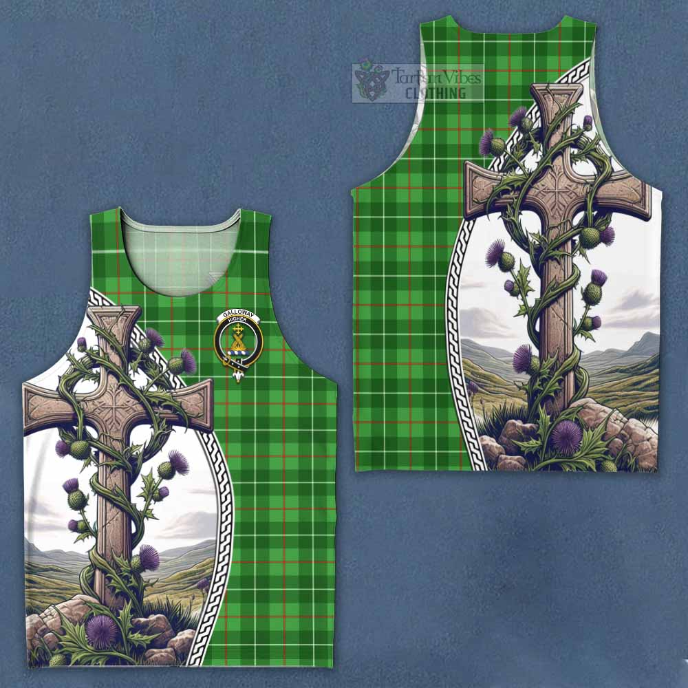 Tartan Vibes Clothing Galloway Tartan Men's Tank Top with Family Crest and St. Andrew's Cross Accented by Thistle Vines