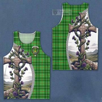 Galloway Tartan Men's Tank Top with Family Crest and St. Andrew's Cross Accented by Thistle Vines