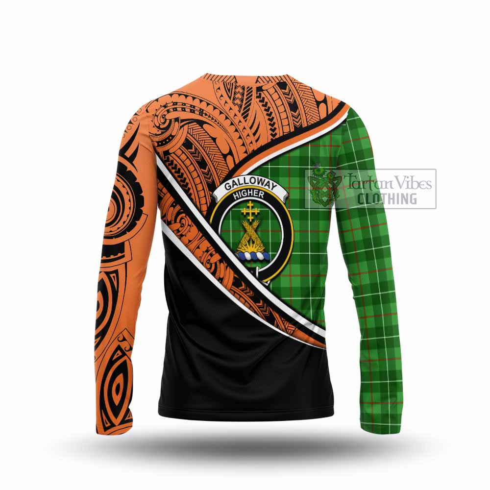 Tartan Vibes Clothing Galloway Crest Tartan Long Sleeve T-Shirt with Maori Tattoo Style - Orange Version