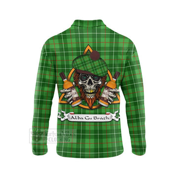 Galloway Tartan Long Sleeve Polo Shirt with Family Crest and Bearded Skull Holding Bottles of Whiskey