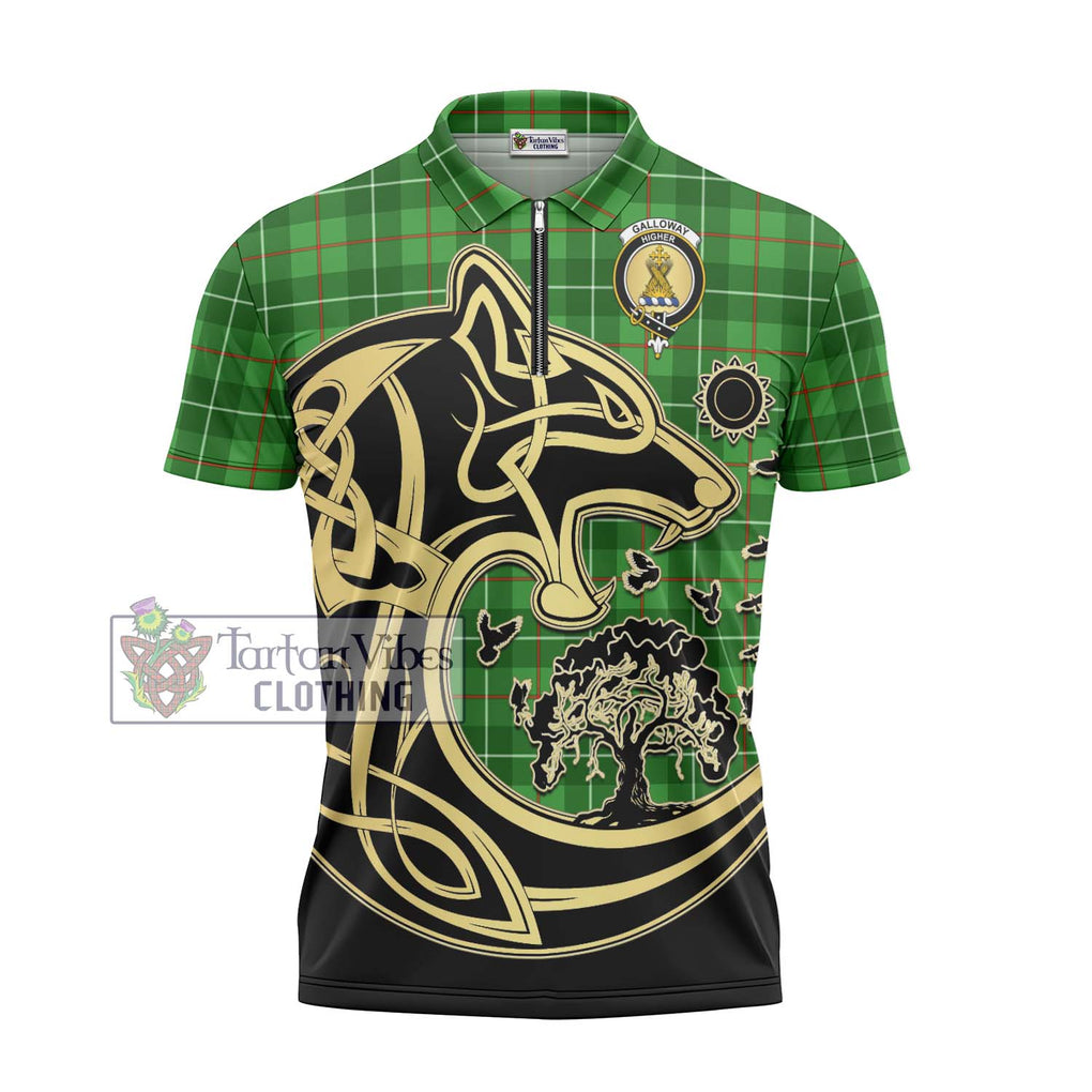 Galloway Tartan Zipper Polo Shirt with Family Crest Celtic Wolf Style - Tartanvibesclothing Shop