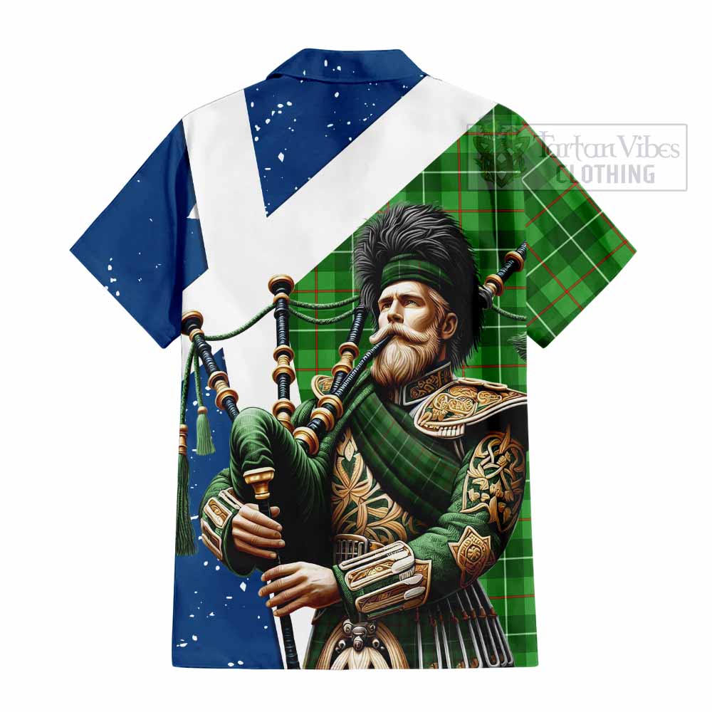 Tartan Vibes Clothing Galloway Tartan Short Sleeve Button Shirt with Family Crest Scottish Bagpiper Vibes