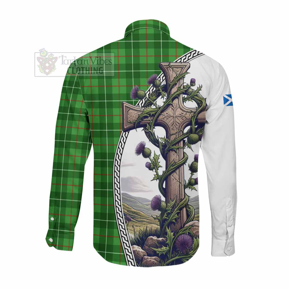 Tartan Vibes Clothing Galloway Tartan Long Sleeve Button Shirt with Family Crest and St. Andrew's Cross Accented by Thistle Vines