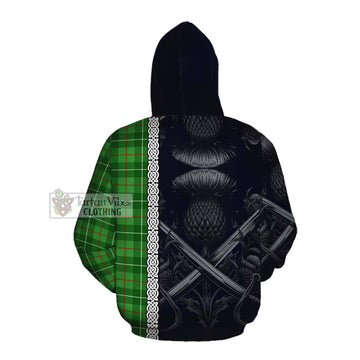 Galloway Tartan Cotton Hoodie with Family Crest Cross Sword Thistle Celtic Vibes