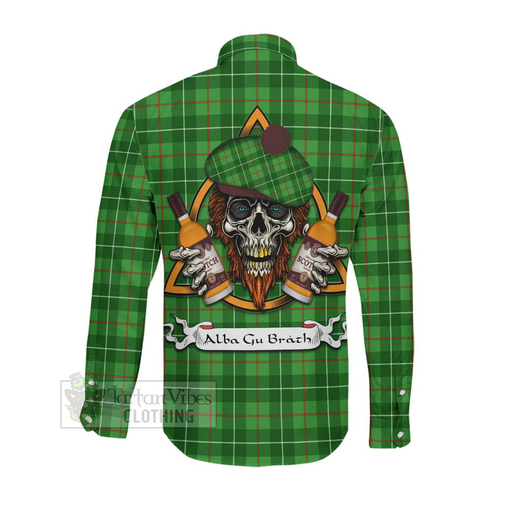 Tartan Vibes Clothing Galloway Tartan Long Sleeve Button Shirt with Family Crest and Bearded Skull Holding Bottles of Whiskey