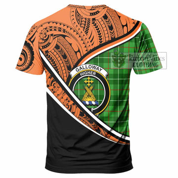 Galloway Crest Tartan T-Shirt with Polynesian Vibes Style - Orange Version