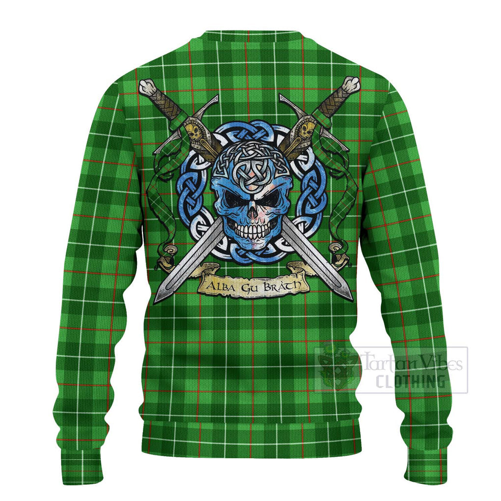 Tartan Vibes Clothing Galloway Tartan Knitted Sweater with Family Crest Celtic Skull Style