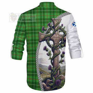 Galloway Tartan Ghillie Kilt Shirt with Family Crest and St. Andrew's Cross Accented by Thistle Vines