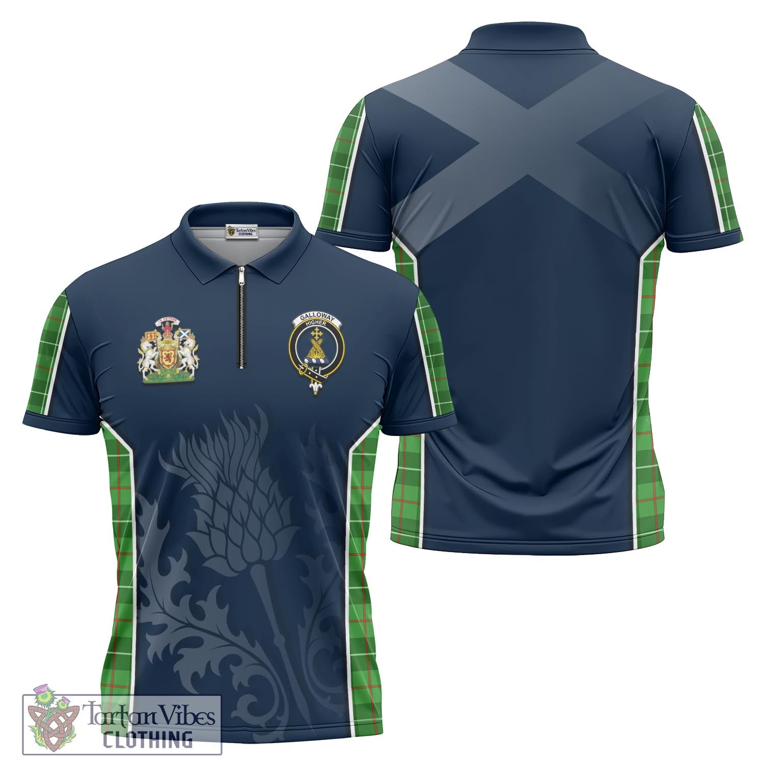 Tartan Vibes Clothing Galloway Tartan Zipper Polo Shirt with Family Crest and Scottish Thistle Vibes Sport Style