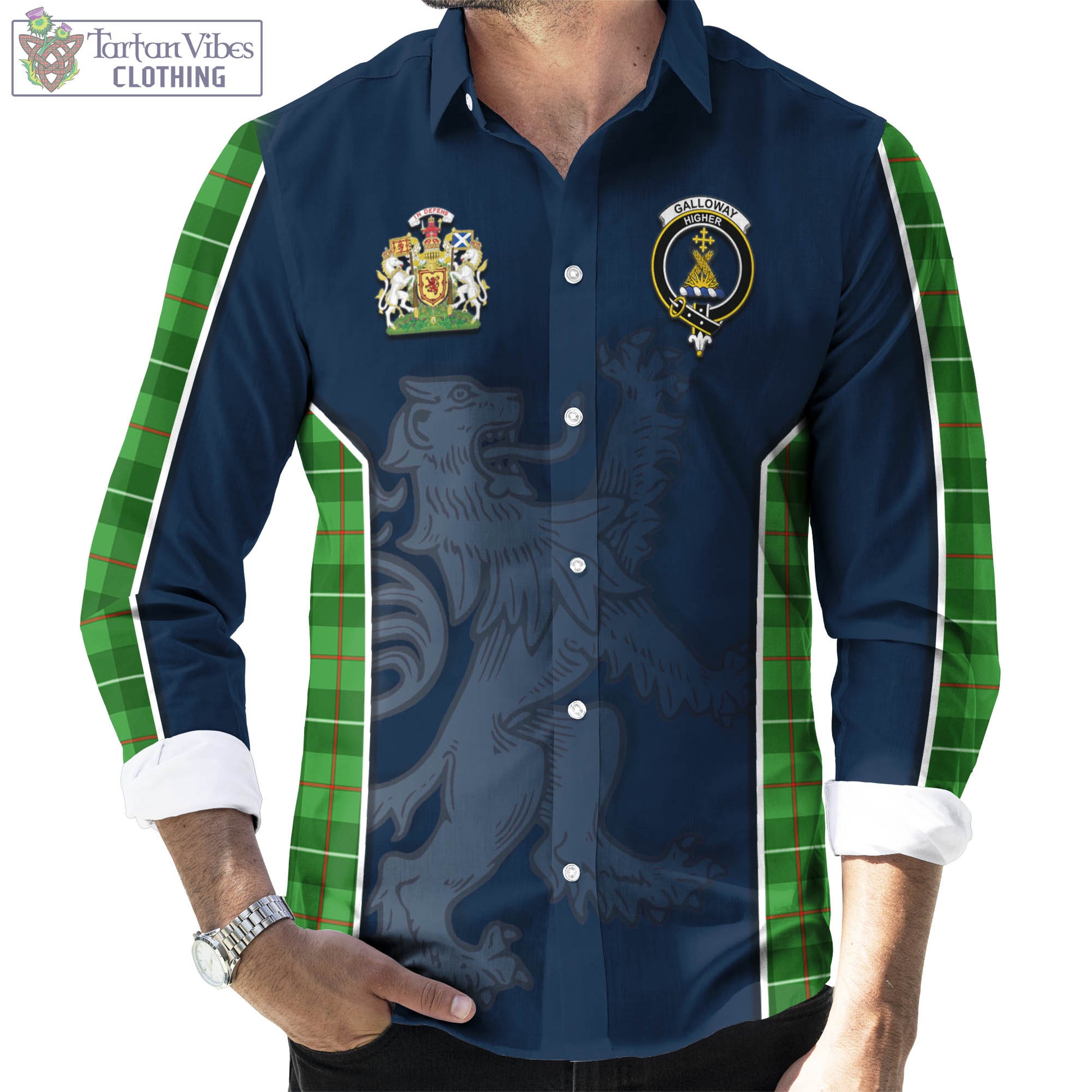 Tartan Vibes Clothing Galloway Tartan Long Sleeve Button Up Shirt with Family Crest and Lion Rampant Vibes Sport Style