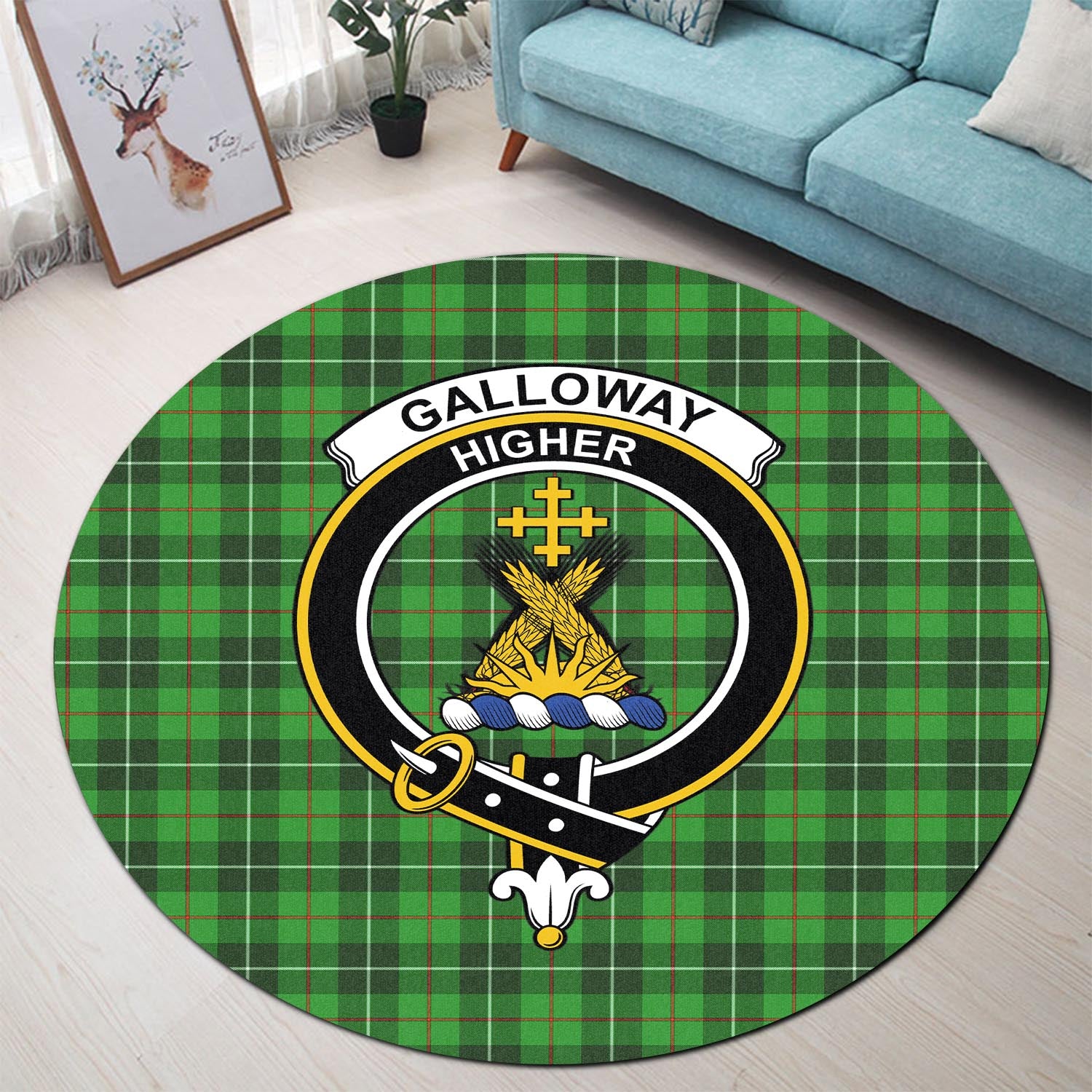 galloway-tartan-round-rug-with-family-crest