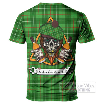 Galloway Tartan T-Shirt with Family Crest and Bearded Skull Holding Bottles of Whiskey