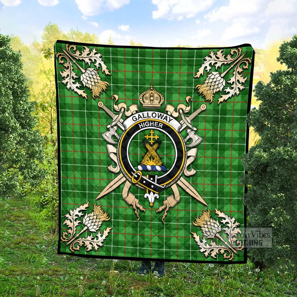 Tartan Vibes Clothing Galloway Tartan Quilt with Family Crest and Scottish Golden Courage Shield