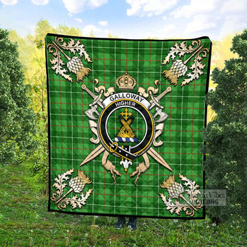 Galloway Tartan Quilt with Family Crest and Golden Thistle Crossed Sword Design