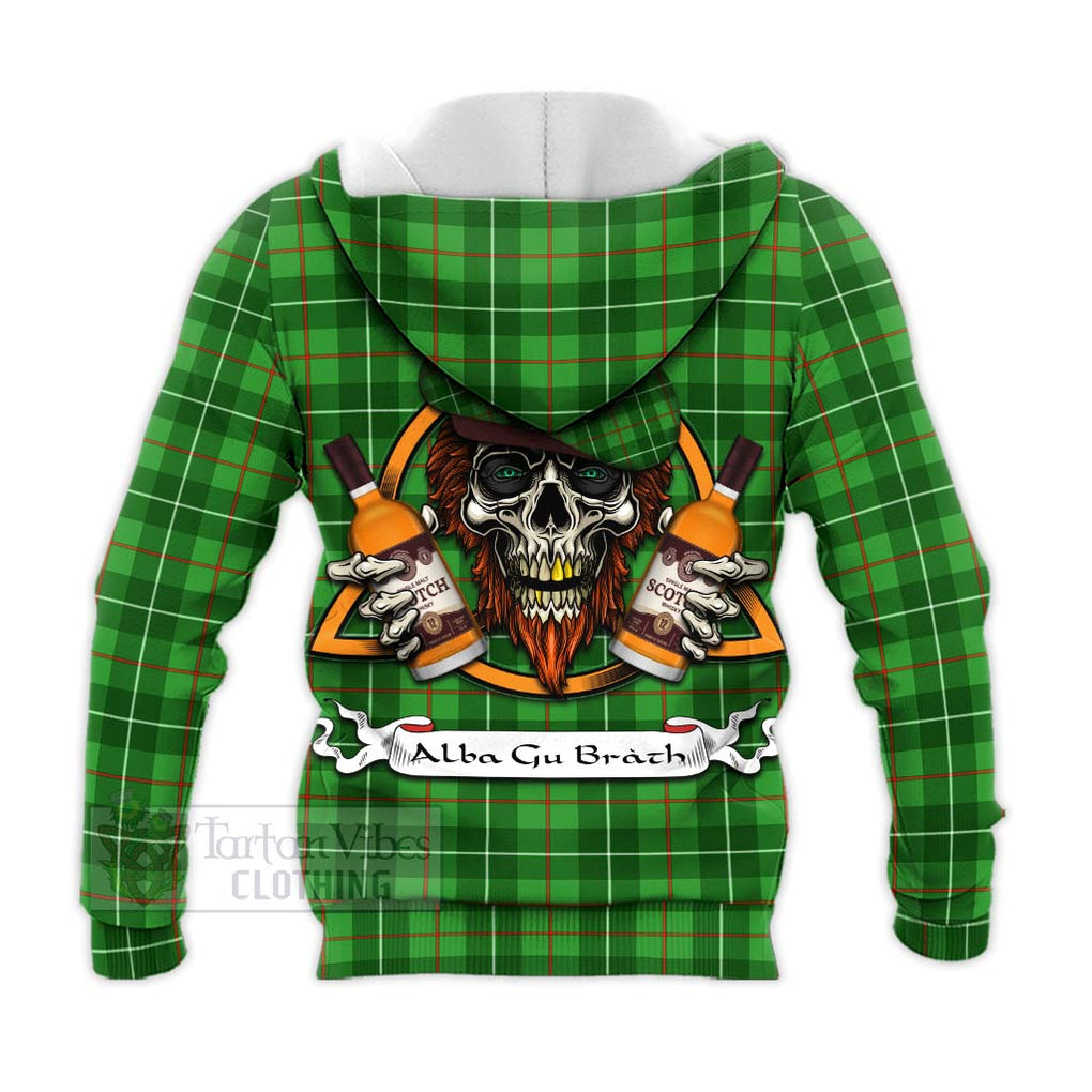 Tartan Vibes Clothing Galloway Tartan Knitted Hoodie with Family Crest and Bearded Skull Holding Bottles of Whiskey