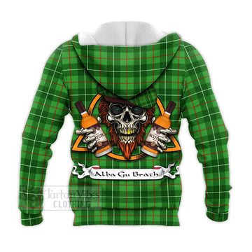 Galloway Tartan Knitted Hoodie with Family Crest and Bearded Skull Holding Bottles of Whiskey