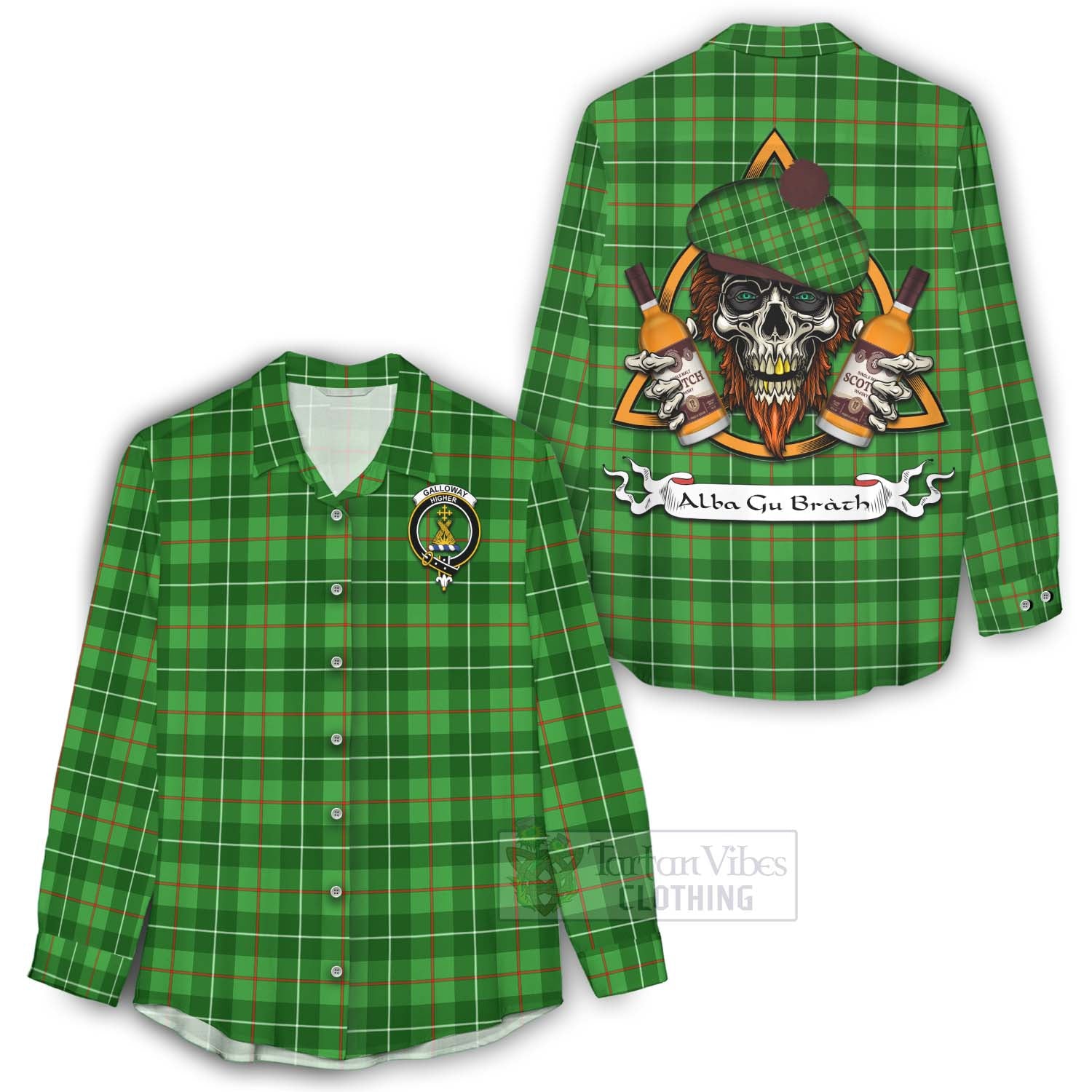 Tartan Vibes Clothing Galloway Tartan Women's Casual Shirt with Family Crest and Bearded Skull Holding Bottles of Whiskey