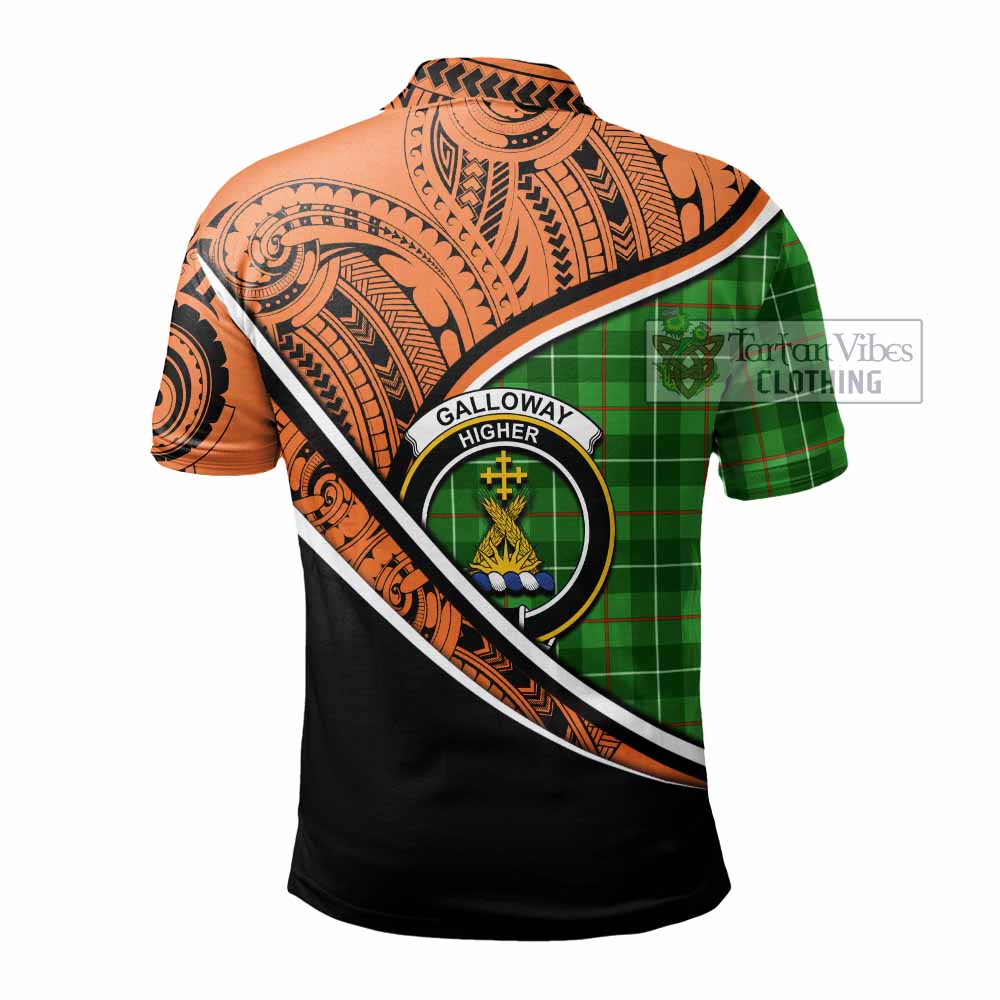 Tartan Vibes Clothing Galloway Crest Tartan Polo Shirt with Maori Tattoo Style - Orange Version