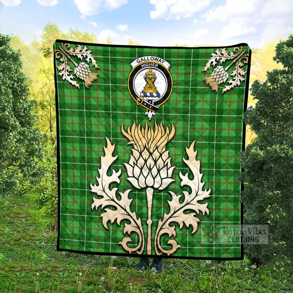 Tartan Vibes Clothing Galloway Tartan Quilt with Family Crest and Golden Thistle Style