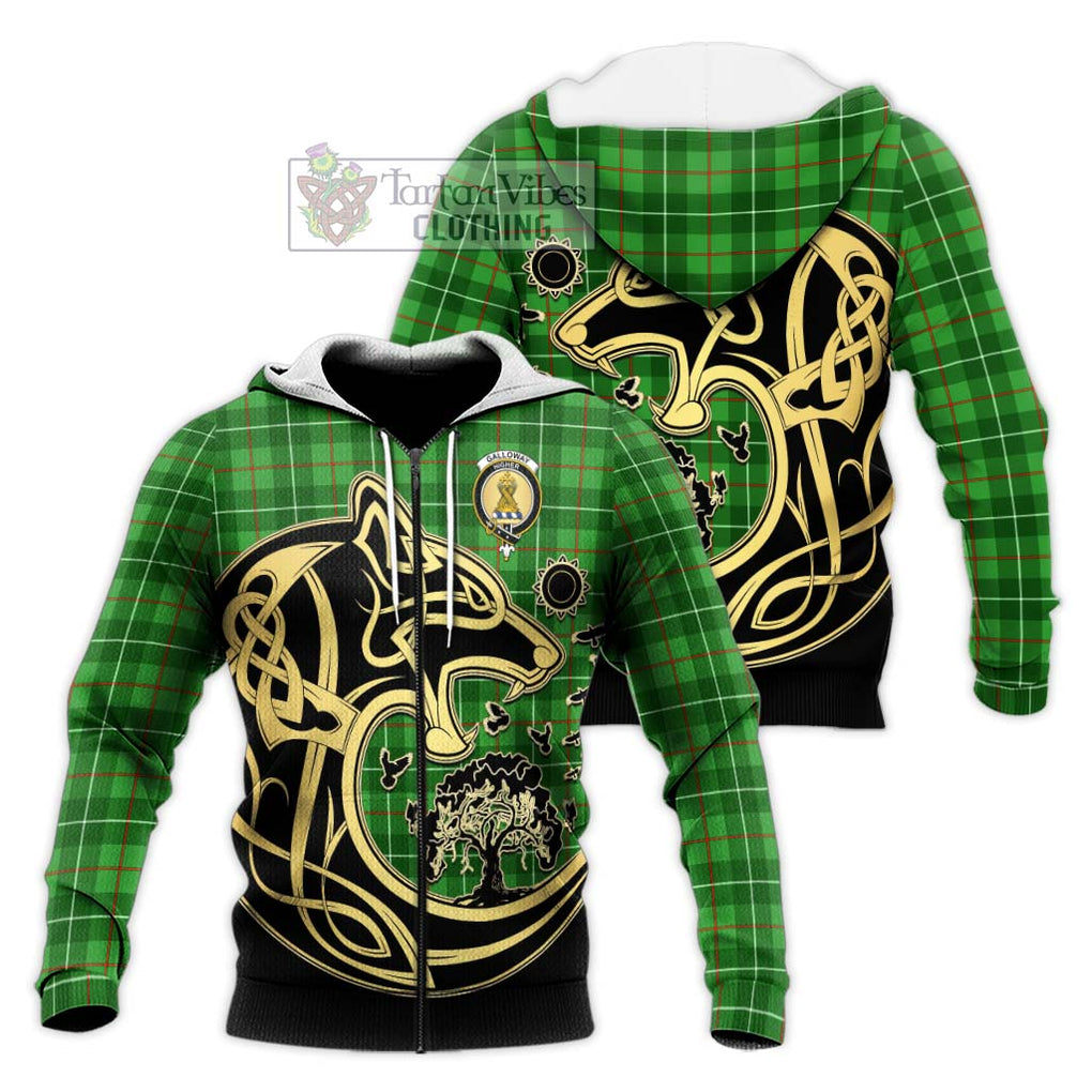 Galloway Tartan Knitted Hoodie with Family Crest Celtic Wolf Style Unisex Knitted Zip Hoodie - Tartan Vibes Clothing