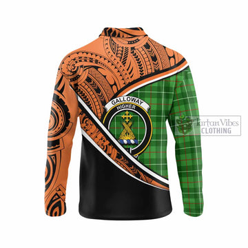 Galloway Crest Tartan Long Sleeve Polo Shirt with Polynesian Vibes Style - Orange Version