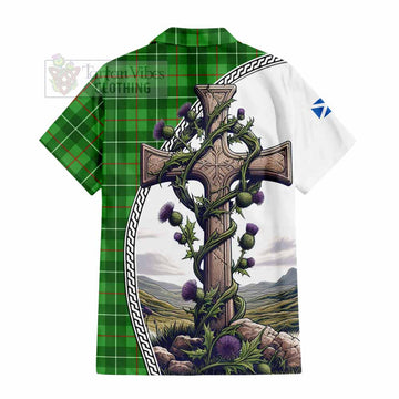 Galloway Tartan Short Sleeve Button Shirt with Family Crest and St. Andrew's Cross Accented by Thistle Vines