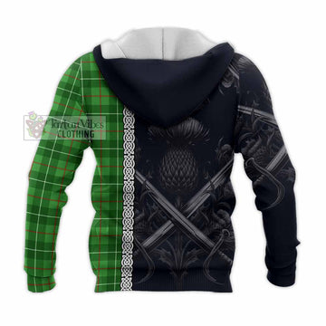 Galloway Tartan Knitted Hoodie with Family Crest Cross Sword Thistle Celtic Vibes