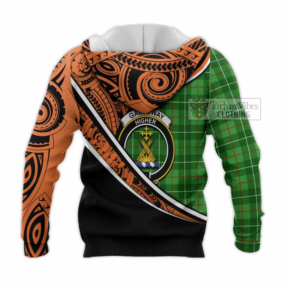 Tartan Vibes Clothing Galloway Crest Tartan Knitted Hoodie with Maori Tattoo Style - Orange Version