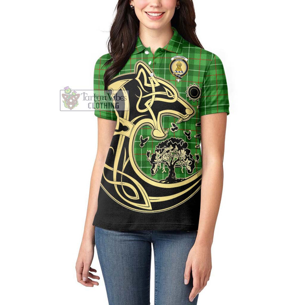 Galloway Tartan Women's Polo Shirt with Family Crest Celtic Wolf Style - Tartanvibesclothing Shop