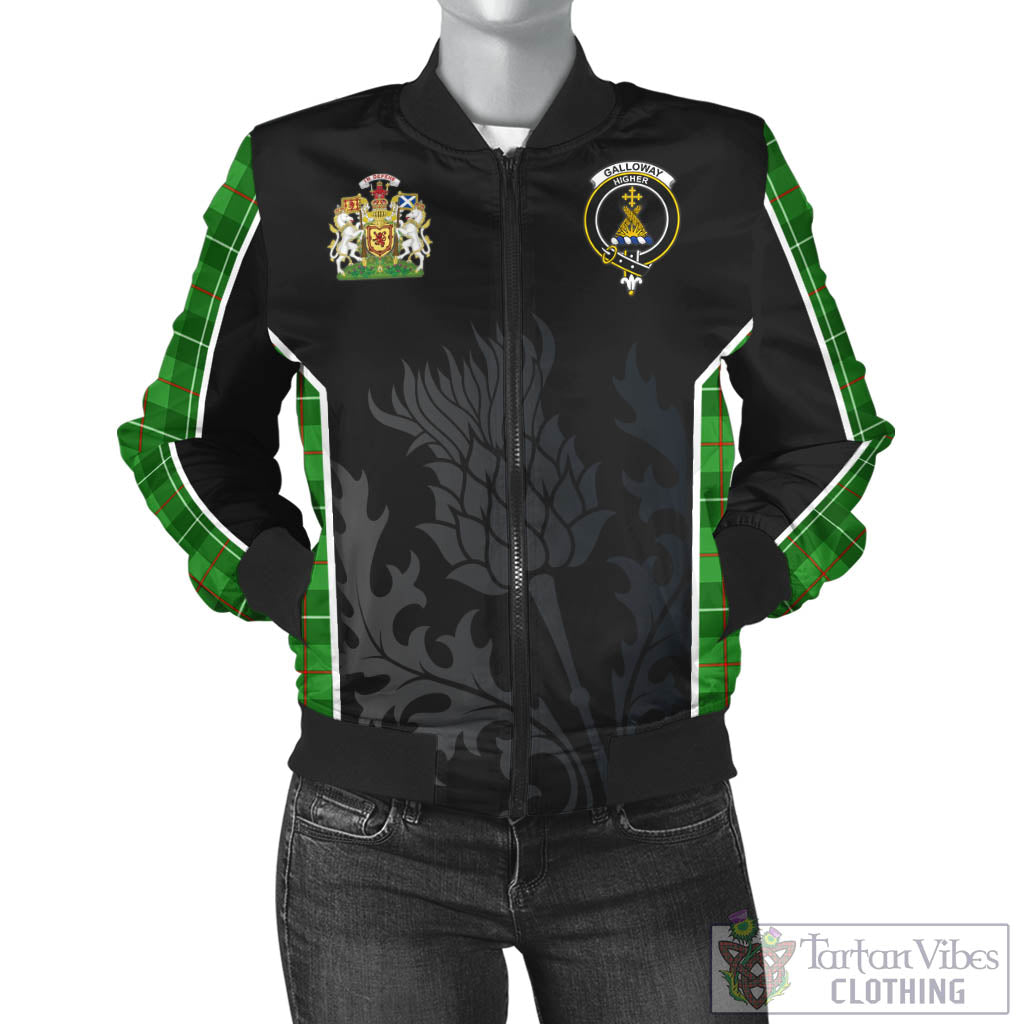 Tartan Vibes Clothing Galloway Tartan Bomber Jacket with Family Crest and Scottish Thistle Vibes Sport Style