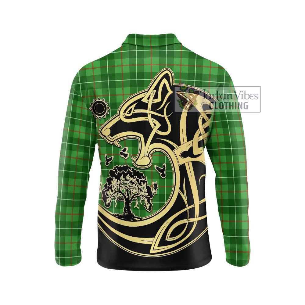 Galloway Tartan Long Sleeve Polo Shirt with Family Crest Celtic Wolf Style - Tartanvibesclothing Shop