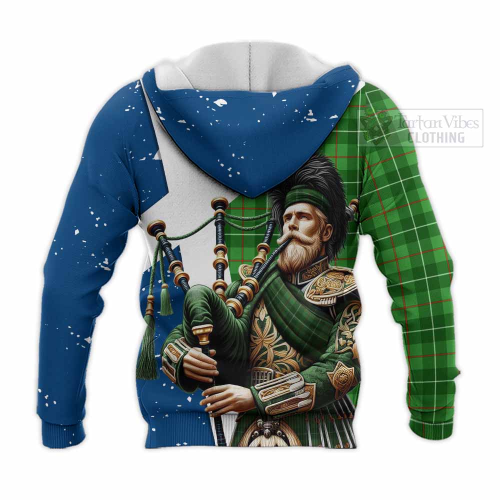 Tartan Vibes Clothing Galloway Tartan Knitted Hoodie with Family Crest Scottish Bagpiper Vibes